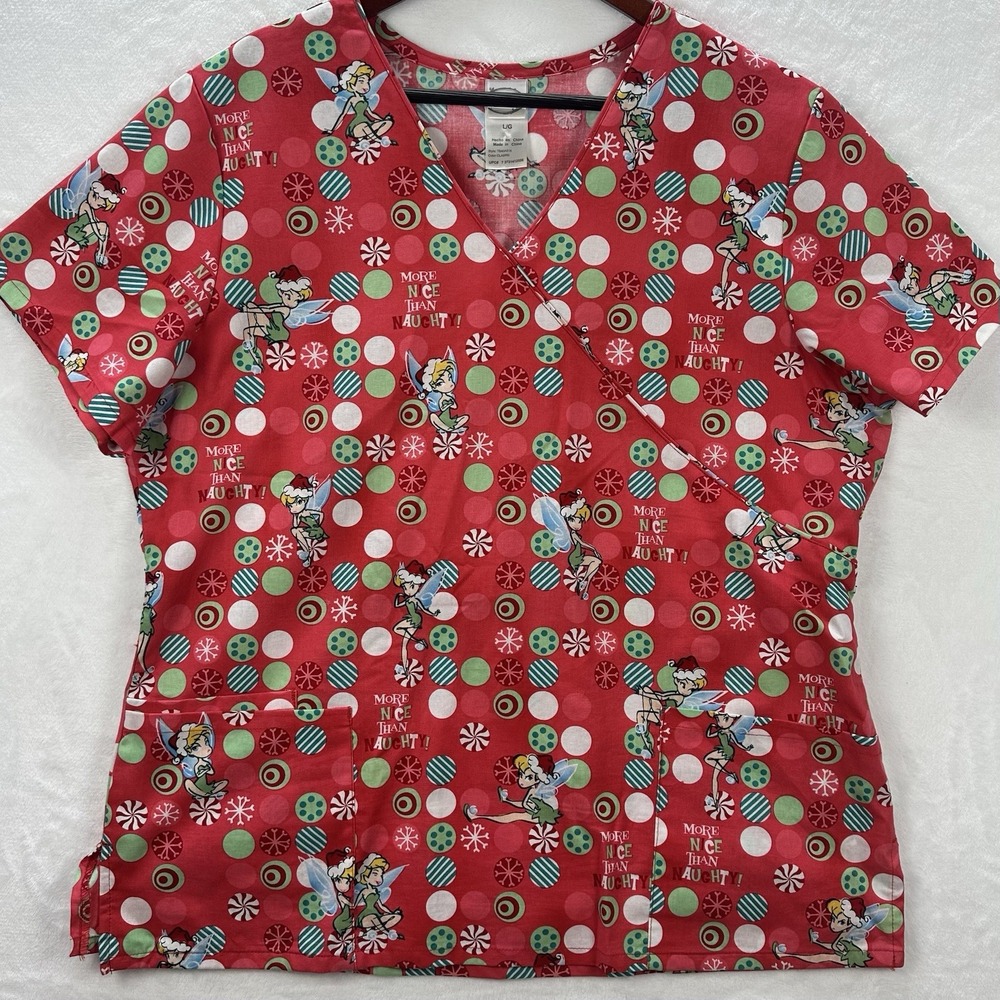 Disney Women's Scrubs Top Tinkerbell More Nice Than Naughty Christmas Size Large